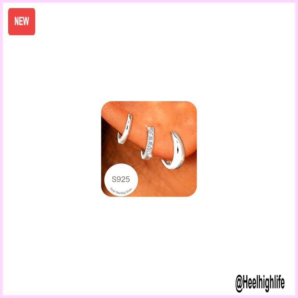 Sterling Silver Huggie Hoop Earrings Set 3 Pairs Hypoallergenic Stackable